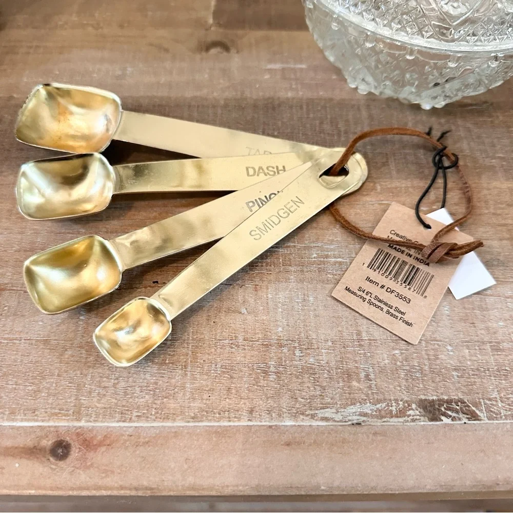 Stainless Steel Measuring Spoons Brass Finish Petina Pinch Dash Tad Smidgen  NWT